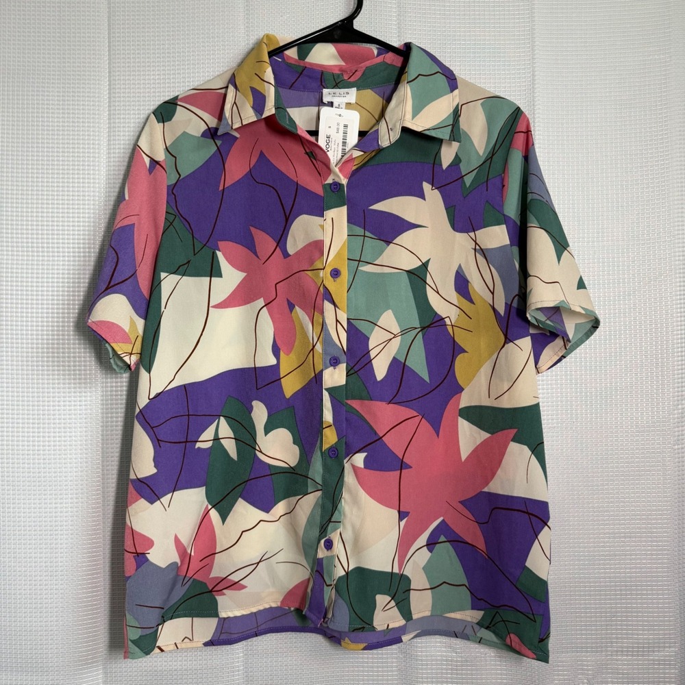 Le Lis Collection Button Down Shirt Abstract Floral Print Short Sleeve Retro S